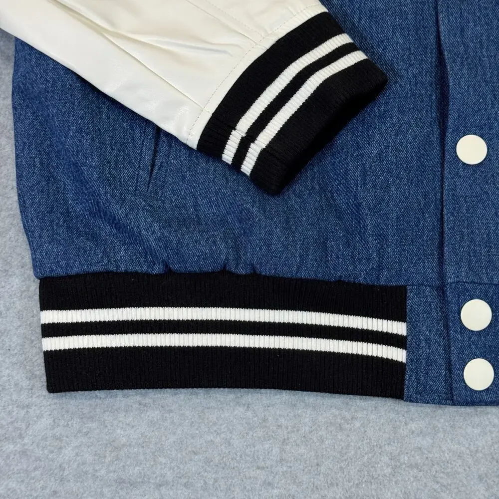 True Religion Mens Quad Buddha Denim Varsity Jacket Bomber Blue White L $239 NWT